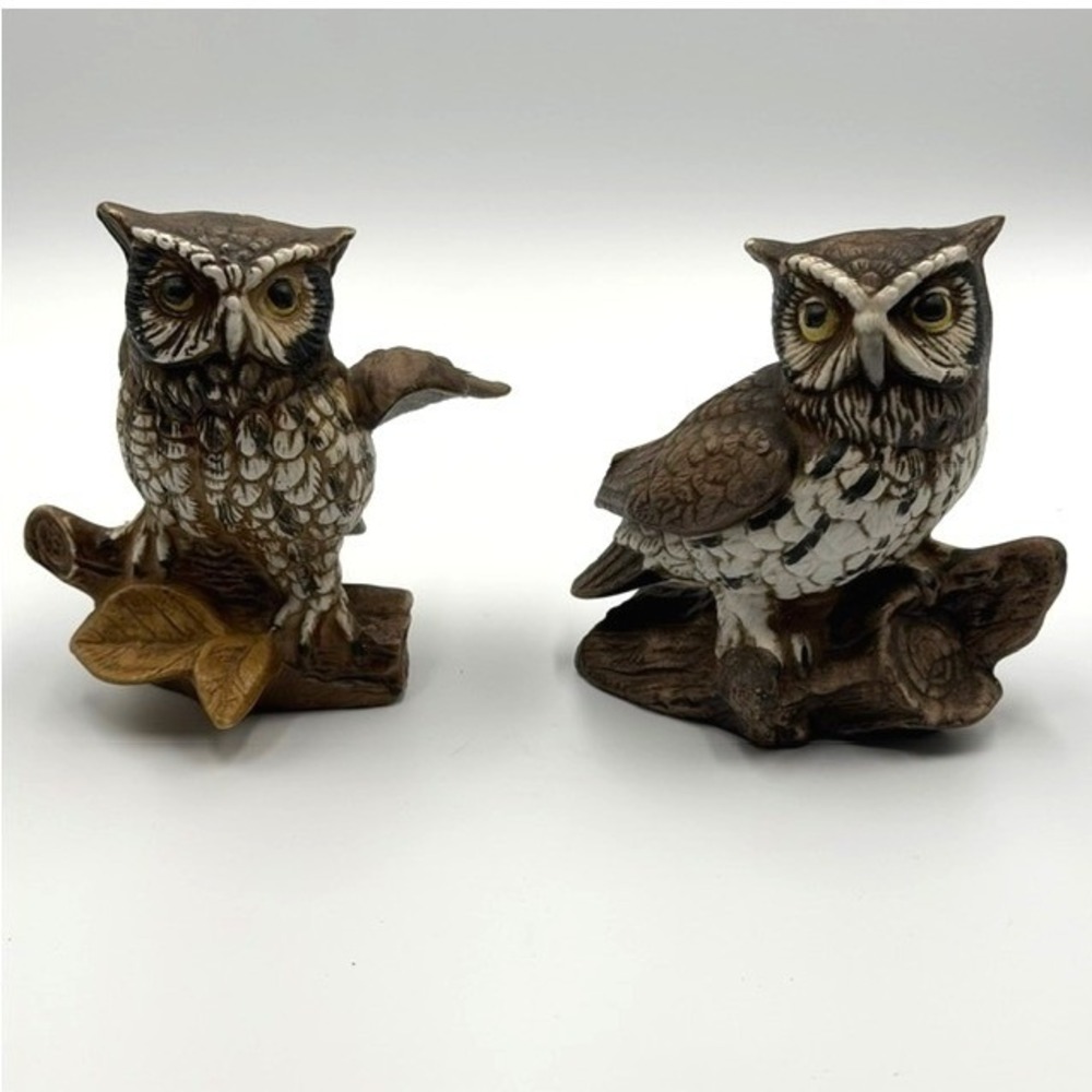 Vintage Homco Ceramic Owl Figurines Set of 2 Hand Painted Owls Rustic Decor